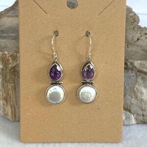 Sterling Silver 925 Pear Shaped Amethyst Hinged White Coin Pearl Dangle Earrings